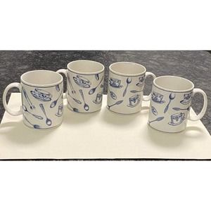 Set of 4 Fitz & Floyd Omnibus Habitat Americana‎ Colony Blue Mugs